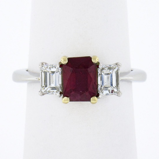 18K Gold & Platinum 2.15 ctw GIA Burma VIVID RED Ruby & Emerald Cut Diamond Ring