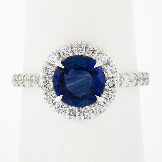 NEW Platinum 2.21 ctw GIA Ceylon Round Blue Sapphire Brilliant Diamond Halo Ring