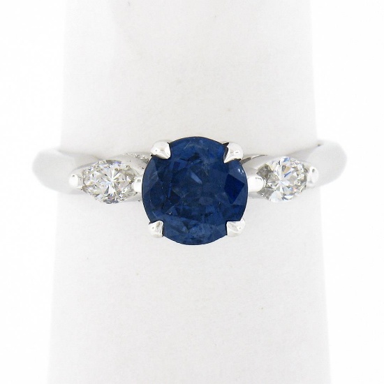 Vintage 14k White Gold 1.28 ctw GIA Round Sapphire & Marquise Diamond Accents Ri