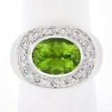 18k White Gold 4.11 ctw Oval Peridot & Pave Diamond Matte Hammered Cocktail Ring