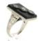 Vintage 10k White Gold Rectangular Black Onyx w/ Diamond Open Work Sides Ring