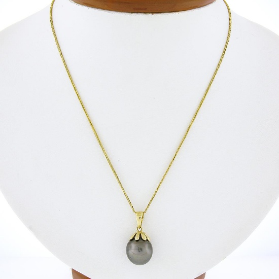 14K Yellow Gold 11.8mm Tahitian Gray Pearl Solitaire Pendant 16" Chain Necklace