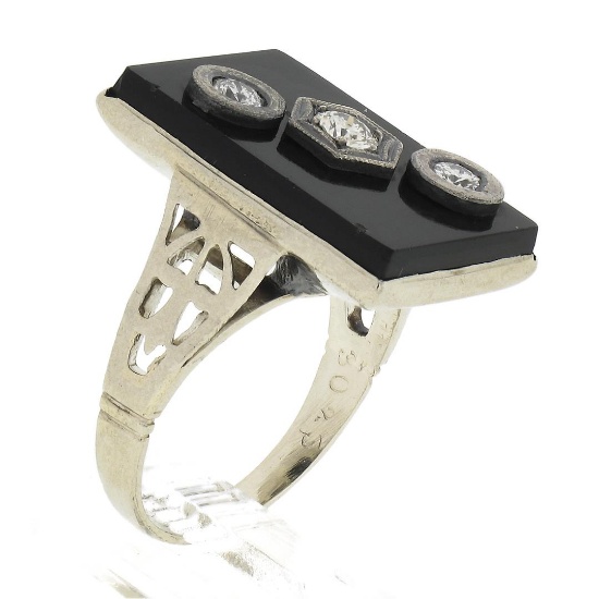 Vintage 10k White Gold Rectangular Black Onyx w/ Diamond Open Work Sides Ring
