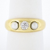 Antique 14k Yellow Gold 0.28 ctw European Diamond w/ 3.9mm Pearl Accents Band Ri