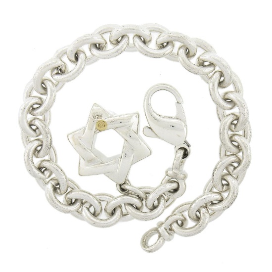 6.25" Movado .925 Silver Round Link Bracelet w/ Polished Star of David Charm