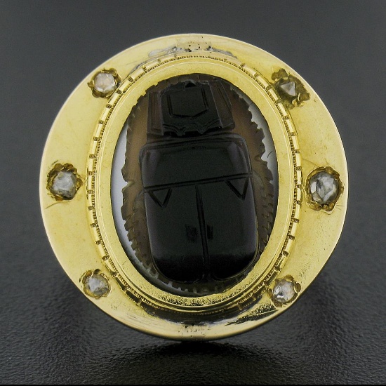 18k Yellow Gold Bezel Set Carved Hard Stone Scarab w/ Rose Cut Diamonds Ring