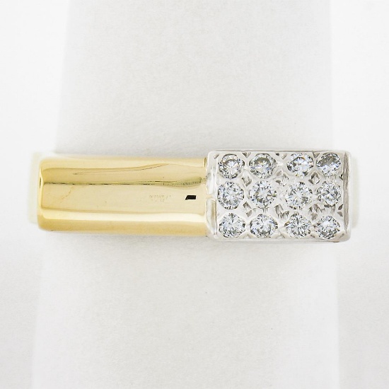 14K TT Gold 0.20 ctw Round Brilliant Pave Diamond Polished High Geometric Ring