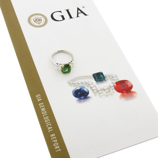 NEW Platinum & 14k Gold 4.39 ctw GIA Cushion Tsavorite & Emerald Cut Diamond Rin