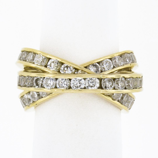 French 18k Gold Cubic Zirconia Channel Rolling Trinity Crossover Three Band Ring