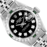 Rolex Ladies Stainless Steel Black Diamond And Emerald Date Wristwatch 26MM