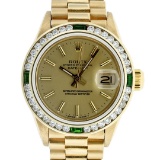 Rolex Ladies 18K Yellow Gold Emerald And Champagne Index President Wristwatch