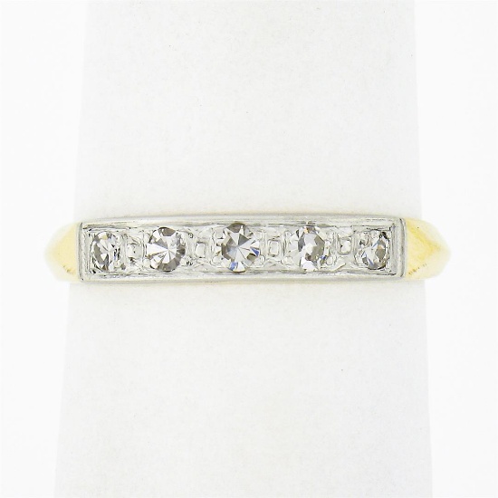 Antique 14k Yellow Gold w/ Palladium Top 0.20 ctw Pave Diamond Wedding Band Ring