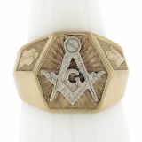 Men's Vintage Solid 10K Yellow & White Gold Detailed Masonic Wide Band Ring