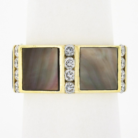Vintage Gemlok 18K Gold Diamond Inlaid Black Mother of Pearl Eternity Band Ring