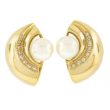 18k Yellow Gold 8mm Pearl & Pave Cubic Zirconia CZ Polished Half Circle Earrings