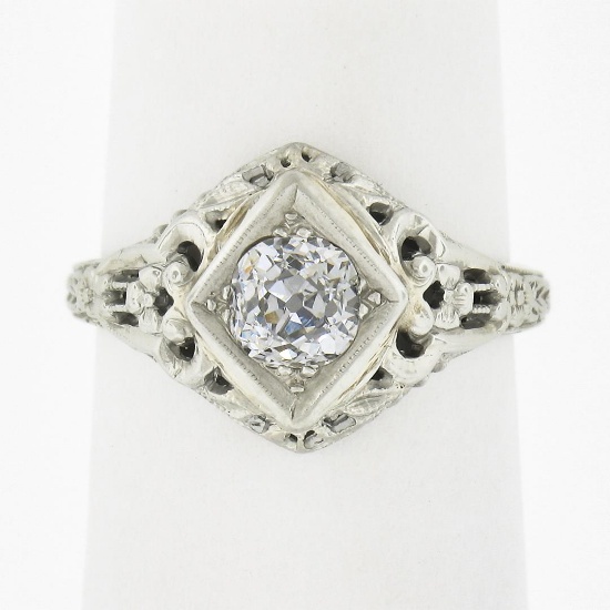 Antique 18k Gold 0.60 ctw Old Mine Cushion Diamond Floral Filigree Engagement Ri