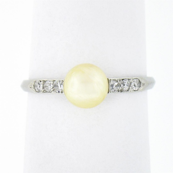 Antique Art Deco.900 Platinum Cultured Pearl Solitaire Single Cut Diamond Ring