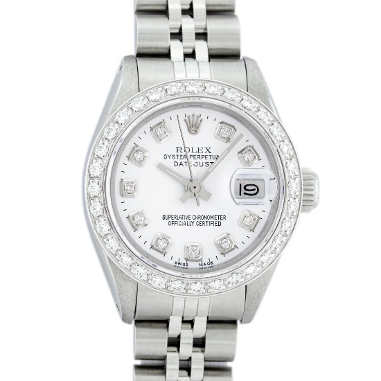 Rolex Ladies Quickset Stainless Steel White Diamond 26MM Datejust Wristwatch