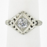 Antique 18k Gold 0.60 ctw Old Mine Cushion Diamond Floral Filigree Engagement Ri