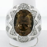 Large Bold 18K White Gold Oval Smoky Quartz 2.50 ctw Diamond Cluster Cocktail Ri
