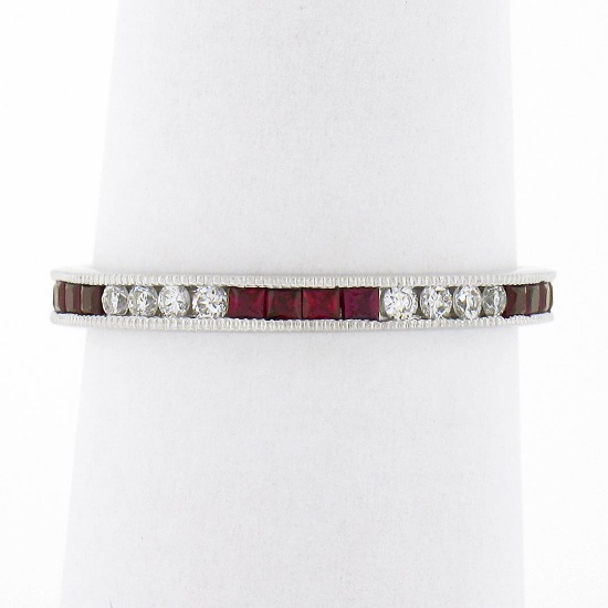 18k White Gold 0.70 ctw Square Ruby & Round Diamond Milgrain Eternity Band Ring