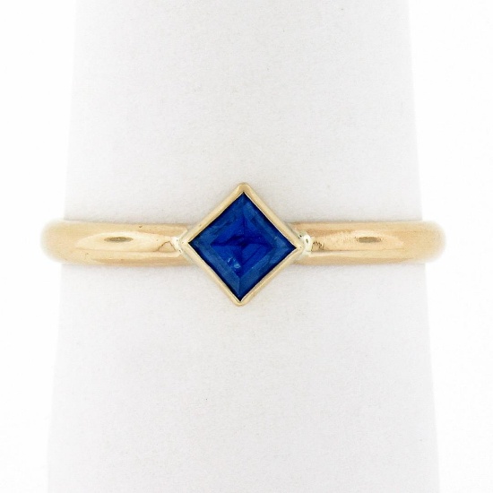 Simple Petite 14k Gold 0.32 ctw Square Step Cut Bezel Set Sapphire Solitaire Rin