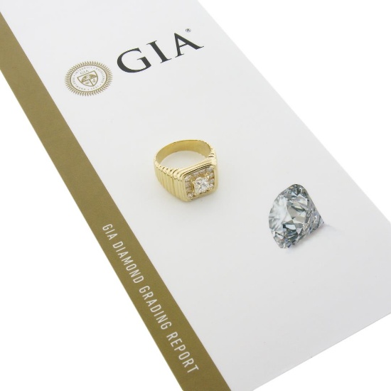 Men's Ribbed 14K Gold 1.91 ctw GIA Princess Cut Diamond Solitaire & Halo Ring