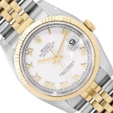 Rolex Mens Two Tone Sapphire Quickset White Roman Dial Datejust With Rolex Box