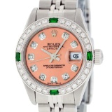 Rolex Ladies Quickset Stainless Steel Salmon Diamond And Emerald Wristwatch 26MM