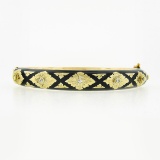 Vintage 14k Gold .18 ctw Diamond Black Enamel Engraved Hinged Open Bangle Bracel