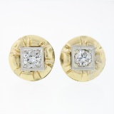 Unique Vintage 14k TT Gold 0.94 ctw Diamond Domed Grooved Button Stud Earrings