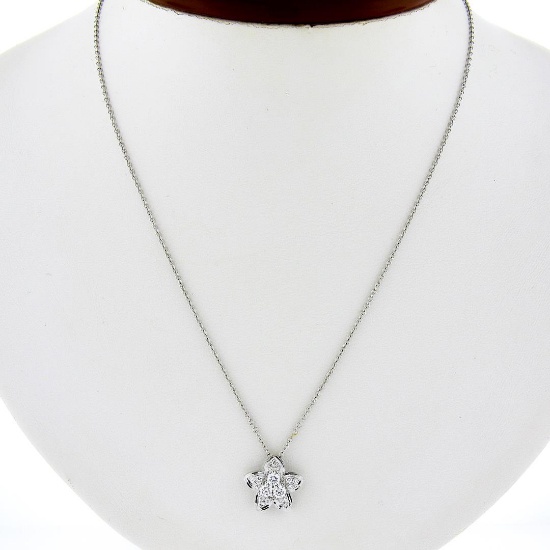 18K White Gold 0.35 ctw Diamond Flower Slide Pendant w/ Cable Chain Necklace