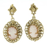 Vintage 14k Gold Fine Carved Shell Cameo W/ Twisted Wire Frame Dangle Earrings