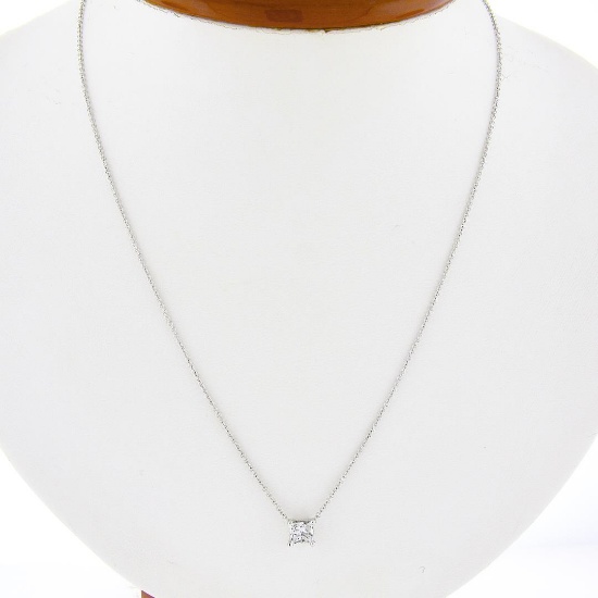 NEW 14k White Gold 0.48 ctw Princess Cut Prong Diamond Solitaire Pendant Necklac