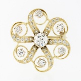 Antique Victorian 18k Gold 1.97 ctw Old European Diamond Swirl Flower Pin Brooch