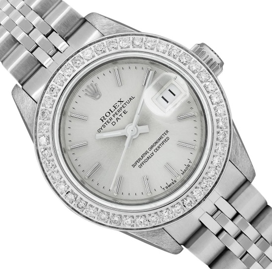 Rolex Ladies Stainless Steel Quickset Silver Index Diamond Bezel Date Watch With