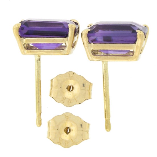 NEW 14k Yellow Gold 2.64 ctw Emerald Cut Prong Set Purple Amethyst Stud Earrings