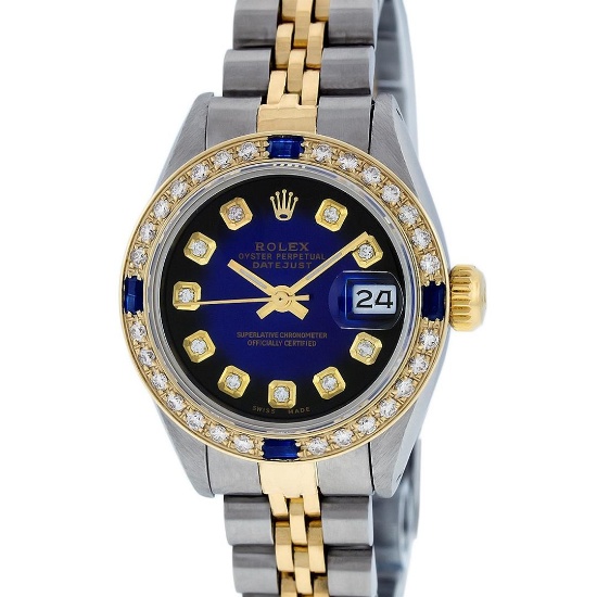 Rolex Ladies Two Tone 18K Yellow Gold And Steel Blue Vignette Diamond Quickset D