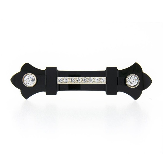 Vintage 14k Gold 1.14 ctw Diamond Carved Black Onyx Fluer De Lis Bar Pin Brooch