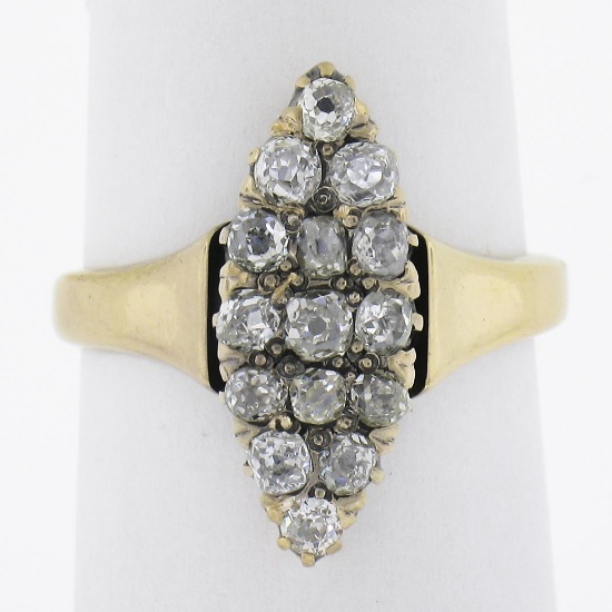 Antique Victorian Gold 1.6 ctw Old Mine Cut Diamond Navette Marquise Cocktail Ri