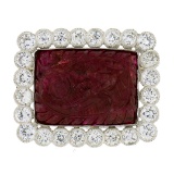 Vintage Platinum Floral Carved Ruby 2.88 ctw Old European Diamond Halo Pin Brooc