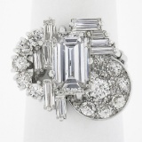 Vintage Platinum 5.1 ctw GIA Emerald Cut Baguette & Round Diamond Geometric Ring