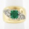 Estate 14k Gold 2 ctw Green Emerald & Diamond Wide Unique Polished Cigar Band Ri