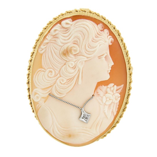 Large Vintage 14k TT Gold Carved Shell Cameo & Diamond Detailed Brooch Pendant