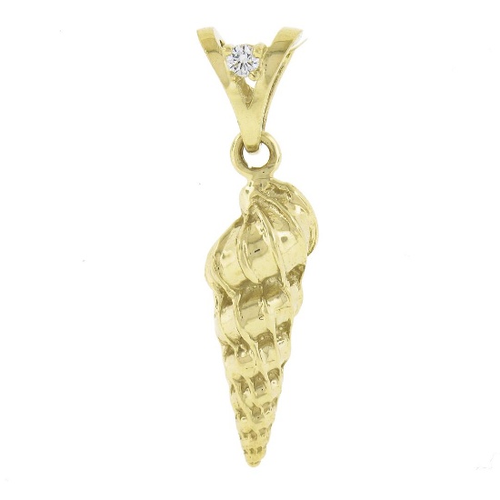 14k Gold Detailed Textured 3D Shell Charm Pendant w/ 0.04 ctw Diamond on Bail