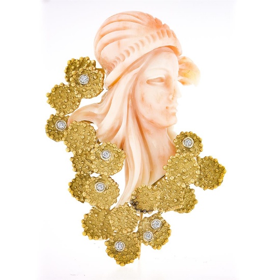 Vintage Carved Woman Angel Skin Coral.24 ctw Diamond 18K Gold Textured Pin Brooc