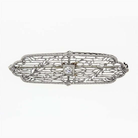 Antique Art Deco 10k White Gold 0.15 ctw Round Diamond Foliage Filigree Brooch P