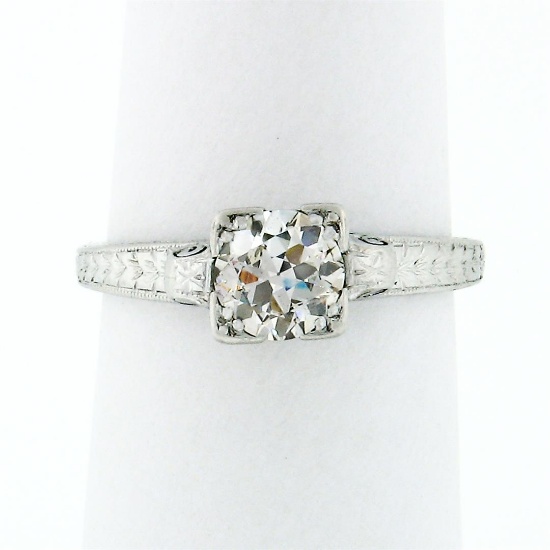 Antique Art Deco Platinum.80 ctw European Diamond Engraved Scroll Engagement Rin