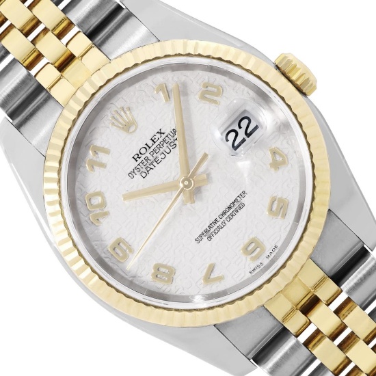 Rolex Mens Two Tone Sapphire Quickset Cream Arabic Dial Datejust With Rolex Box