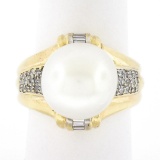 14K Yellow Gold Large 12.58mm South Sea Pearl Ring w/ Baguette & Round Diamonds